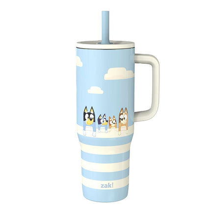 Zak Designs Bluey Sutton Travel Tumbler for On The Go, 30oz Stainless Steel with Vacuum Insulation, Silicone Straw, and Carry Handle for Cold Drinks (Bluey, Bingo, Bandit, Chilli)