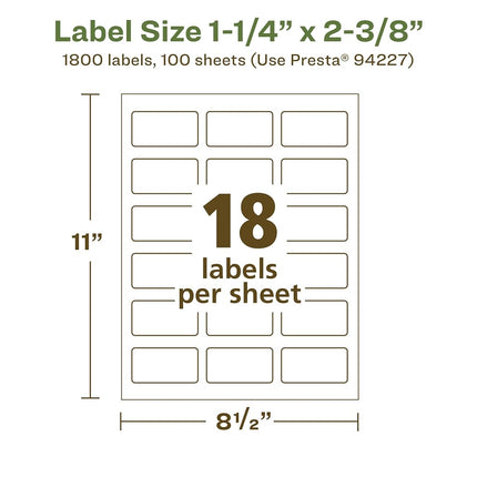 Etiquetas rectangulares recicladas Avery EcoFriendly blancas mate, 3,17 cm x 6,03 cm, impresión hasta el borde, etiquetas blancas mate, adhesivo permanente, láser/inyección de tinta, 1800 etiquetas imprimibles