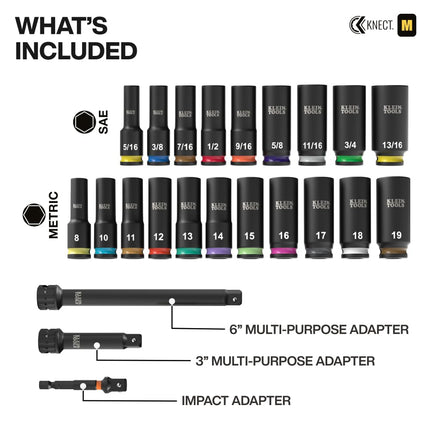 Klein Tools 65121IMPCT KNECT Deep-Well 3/8-Inch Drive Impact Socket Set, SAE and Metric, 23-Piece Tool Set, Impact Driver Adapter, Multi-Purpose Wrench Adapter, Color-Coded, MODbox Socket Organizer