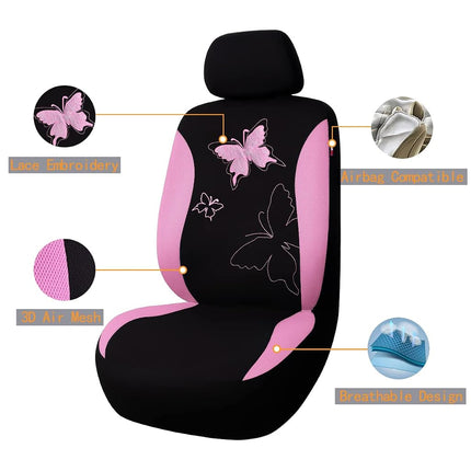 Flying Banner Butterfly car seat Covers ful Set Fashion Universal Lady Woman Female Rear Bench Split Colorized (Pink, 2 Fronts - Lace)