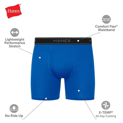 Hanes Men's Value Performance Stretch Boxer Brief Underwear, Moisture-Wicking, 6-Pack, Black/Blue/Grey, S (Pack of 6)