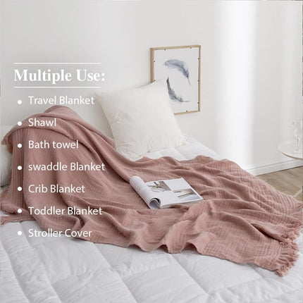 Simple&Opulence Cotton Muslin Throw Blanket for Bed, Couch, Knit Woven Gauze Blanket with Tassels, Soft Lightweight Cozy Pre-Washed Breathable Farmhouse Decoration for All-Season (Dusty Rose)