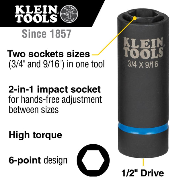 Klein Tools 66004 2-in-1 Impact Socket, Socket Wrench Sizes 3/4-Inch and 9/16-Inch Hex, 6-Point Deep Socket with 1/2-Inch Drive