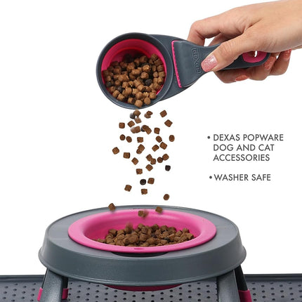 Dexas Popware for Pets Collapsible Klip Scoop, 3 in 1 Design Convenient Measuring Cup, Food Scooper and Bag Clip, ½ Capacity Pet Food Scoop, Versatile Food Measuring Cups Portion Control Gray/Pink