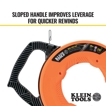 Fish Tape, Steel Wire Puller with Double Loop Tip, Optimized Housing and Handle, 3mm x 73m, Klein Tools 56334