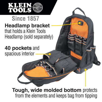 KLEIN TOOLS Unisex's Tool Bag Tradesman Pro Extra-Large 40-Pocket Electrician Jobsite Backpack with Molded Bottom, Black, Charging Port