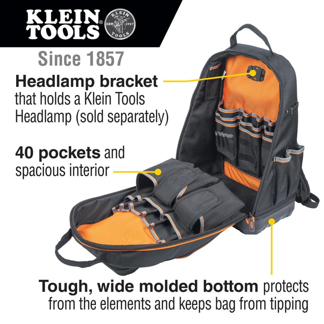 KLEIN TOOLS Unisex's Tool Bag Tradesman Pro Extra-Large 40-Pocket Electrician Jobsite Backpack with Molded Bottom, Black, Charging Port