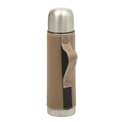 Mr. Coffee Leatherette 23 oz Stainless Steel Thermal Bottle – Double Wall Insulated Flask with Faux Leather Sleeve & Carry Handle, Brown – Leak-Proof Hot & Cold Drink Travel Mug