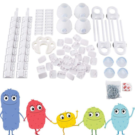 Toddleroo by North States - Childproofing Deluxe Kit: 4 Knob Covers, 4 Sliding Cabinet Locks, 4 Gel Corner Protectors, 1 Door Pinch Guard, 18 Drawer Locks, 34 Plug Protectors - 65 Piece Set - White