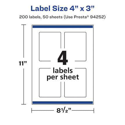 Avery Matte White Removable Rectangle Labels with Sure Feed Technology, Print-to-The-Edge, 4" x 3", 200 Removable Labels, Laser/Inkjet Printable Labels