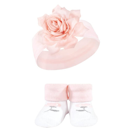 Hudson Baby Girl's Headband and Socks Giftset, Pink Black Gray, One Size