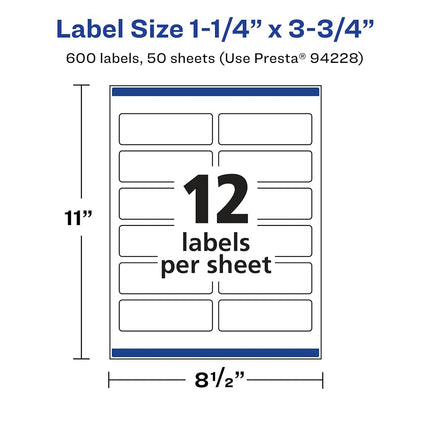 Avery Matte White Removable Rectangle Labels with Sure Feed Technology, Print-to-The-Edge, 1.25" x 3.75", 600 Removable Labels, Laser/Inkjet Printable Labels