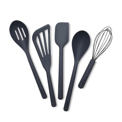 GreenPan Silicone 5 Piece Cooking Utensil Set, Slotted & Solid Spoon, Turner, Spatula, Whisk, Flexible Nonstick Kitchen Tools, Steel Core, Heat-Resistant Anti-Slip Handle BPA-Free Dishwasher Safe Gray