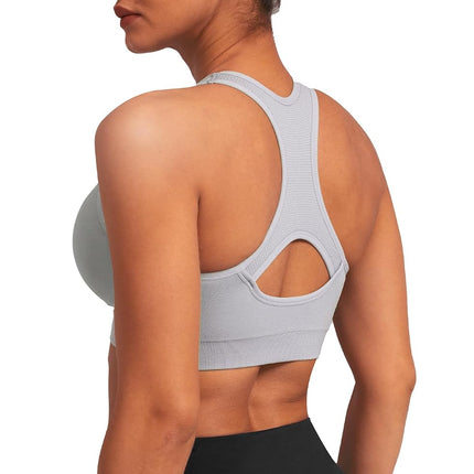 MIRITY Women Racerback Sports Bras - High Impact Workout Gym Activewear Bra, Black Lightgrey White, M