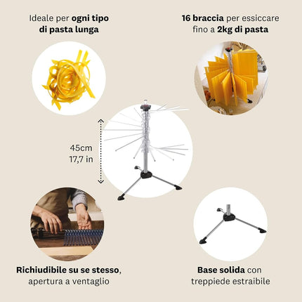 Marcato Tacapasta Pasta Drying Rack - Dry Up to 2Kg of Fresh Pasta | 16 Sturdy Rods | Space-Saving Rack | Quick-Closing Mechanism | Durable | Practical and Attractive Addition to Your Cooking Routine