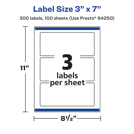 Avery Matte White Rectangle Labels, Sure Feed Technology, 3" x 7", 300 Matte White Printable Labels