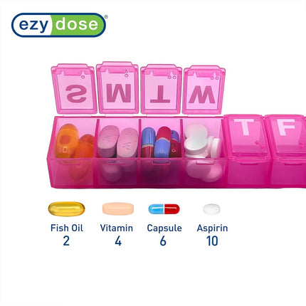 EZY DOSE Semainier (7 jours) Pilulier Quotidien, Organisateur de Vitamines, Conteneur de Médicaments, Étui pour Compléments et Huiles de Poisson, Pratique et Facile à Utiliser, Compartiments Moyens, Idéal pour les Voyages, Rose, Sans BPA