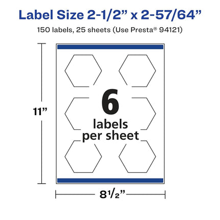 Etiquetas hexagonales Avery brillantes transparentes con Sure Feed, 2-1/2" x 2-57/64", 150 etiquetas brillantes transparentes, impresión hasta el borde, etiquetas imprimibles con láser/inyección de tinta
