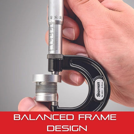 Starrett 436.1XRL-2 Outside Micrometre, Ratchet Stop, Lock Nut, Carbide Faces, 1-2" Range, 0.001" Graduation, +/-0.0001" Accuracy