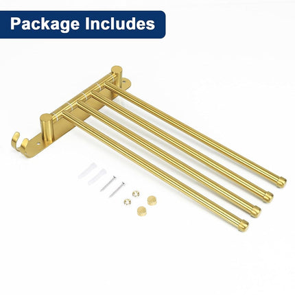 NearMoon Swivel Towel Rack, 13.8" Thicken 304 Stainless Steel 4-Arm Towel Bar, Space Saving Wall Mounted Towel Holder with Hook, Rustproof Swing Out Towel Hanger for Bathroom, Kitchen (Brushed Gold)