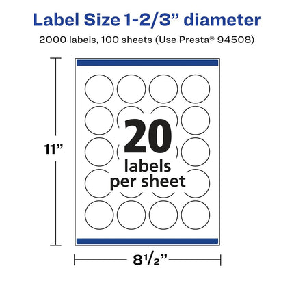 Avery Glossy White Round Labels with Sure Feed, 1-2/3" Diameter, 2,000 Glossy White Labels, Print-to-The-Edge, Permanent Label Adhesive, Laser/Inkjet Printable Labels