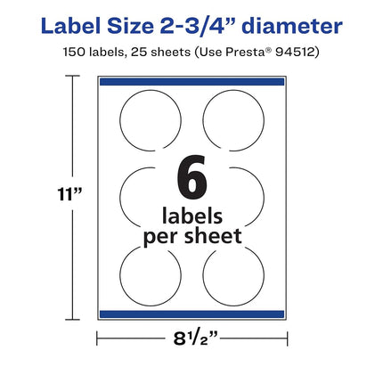 Avery Matte White Removable Round Labels with Sure Feed Technology, Print-to-The-Edge, 2.75" Diameter, 150 Removable Labels, Laser/Inkjet Printable Labels