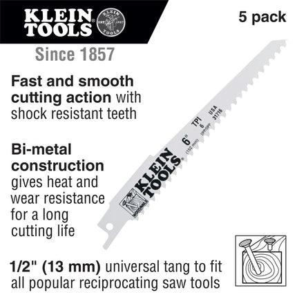 Klein Tools 31716 Bi-Metal Reciprocating Saw Blade for General Rough-in and Wood with Nails, 6 TPI, 6-Inch, 5-Pack