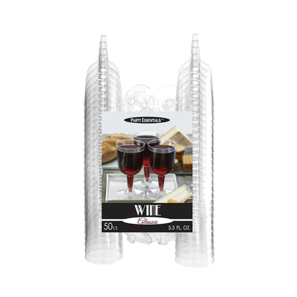 Party Essentials Hard Plastic Two Piece 5.5-Ounce Wine Glasses, Clear, Pack of 50