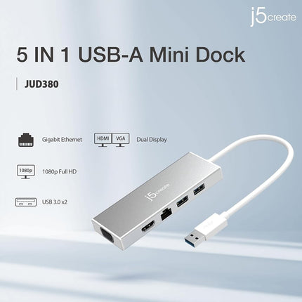 j5create USB 3.0 Hub with HDMI, VGA, RJ45 Gigabit Ethernet, 2 USB 3.1