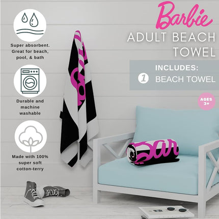 Franco Barbie Movie Black & White Striped Soft Cotton Bath/Pool/Beach Towel, 60 in x 30 in, (100% Officially Licensed Barbie Product) Collectibles