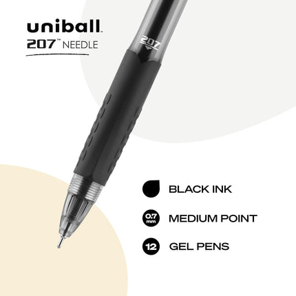 uni-ball 207 Needle Retractable Gel Pens, Medium Point (0.7mm), Black, 12 Count