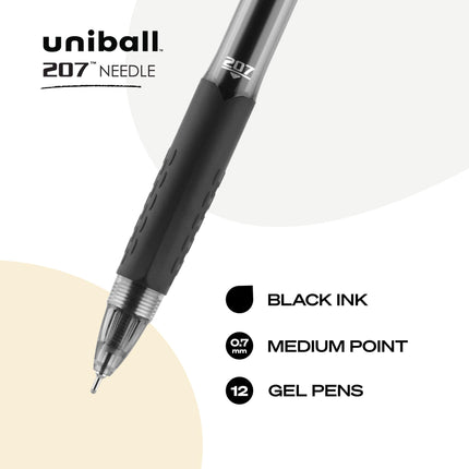Bolígrafos de gel retráctiles uni-ball 207 Needle, punto mediano (0.7mm), negros, paquete de 12 unidades