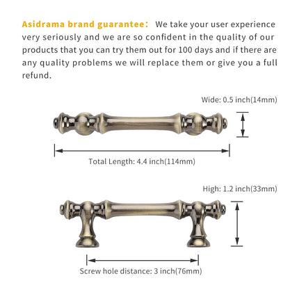 Asidrama 10 Pack 3 Inch(76mm) Brushed Antique Brass Kitchen Cabinet Handles, Cabinet Pulls Kitchen Cabinet Hardware for Cupboard Drawer Pulls