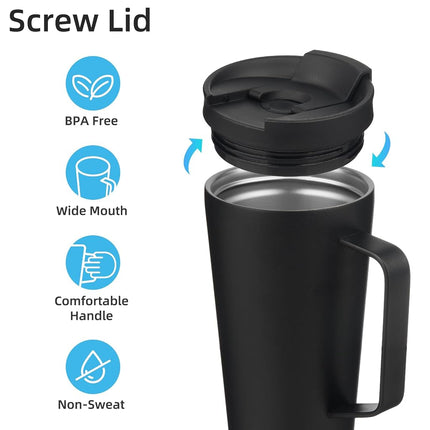 Konokyo Insulated Tumbler with Handle and Straw, 18 OZ Travel Coffee Mug Stainless Steel Cup Metal Water Bottle,Black