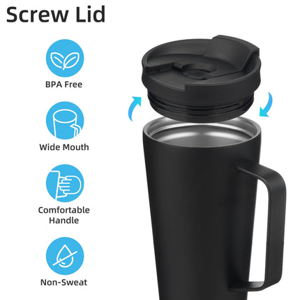 Konokyo Insulated Tumbler with Handle and Straw, 18 OZ Travel Coffee Mug Stainless Steel Cup Metal Water Bottle,Black