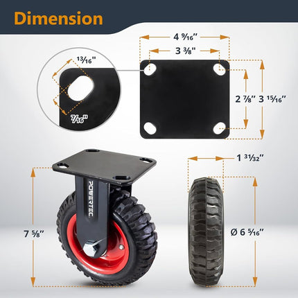 POWERTEC 6 Inch Caster Wheels Set of 4, Heavy Duty Fixed Plate Casters with Rubber Knobby Tread for Workbench, Dolly, Cart, Trolley, Wagon and Chicken Coop, Large Rubber Castor Wheels (17052-P4)