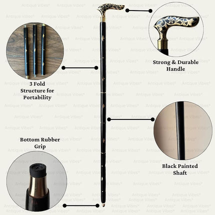 Brass Handle Victorian Foldable Wooden Walking Stick Cane Ideal Vintage Gift Men Women Father/Mother (Black Victorian)