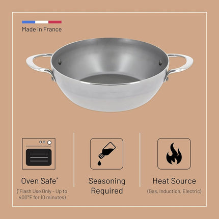 De Buyer Mineral B Carbon Steel Country Fry Pan with 2 Handles - 9.5” Diameter, 6.9” Cooking Surface - Ideal for Sauteing, Simmering, Deep Frying, Stir Frying - PFAS, PFOA, PFOS Free - Made in France