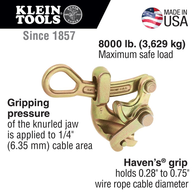 Klein Tools 1625-20 Grip, Made in USA, Haven's Grip Wire Pulling Tool for Wire Rope to 0.75-Inch, Maximum Load 8000-Pound