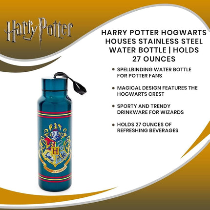 Silver Buffalo Harry Potter Hogwarts School Crest Stainless Steel Water Bottle with Strap, 27 Ounces