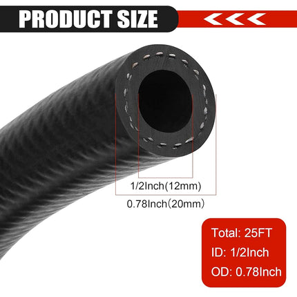 1/2 Inch (12mm) ID Fuel Line Hose 25FT NBR Rubber Push Lock Hose High Pressure 300PSI for Automotive Fuel Systems Engines