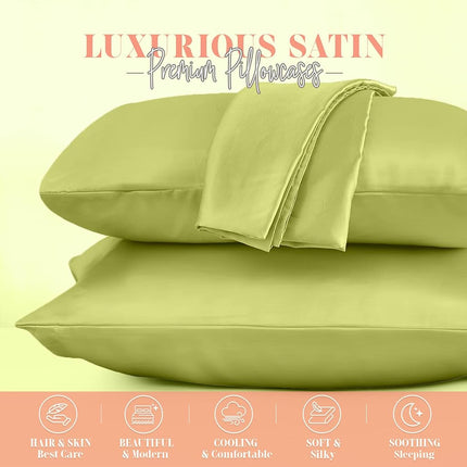 Elegant Comfort Silky and Luxurious 2-Piece Satin Pillowcase Set for Healthier Skin and Hair, Hidden Zipper Closure and Beautifully Packaged, Satin Pillowcase Set, King, Pistachio Green
