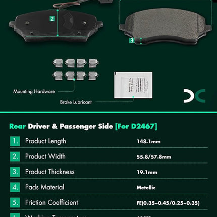 SCITOO D2467 Rear Metal Brake Pads Sets w/Hardware Replacement For Ram For ProMaster 1500 2022-2024,For Ram For ProMaster 2500 2022-2024,For Ram For ProMaster 3500 2022-2024