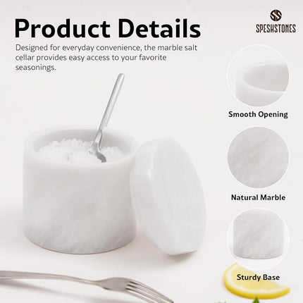SPESHSTONES Marble Salt Cellar with Lid and Spoon 3'' Inches White Salt Container Handmade Spice Seasoning Containers for Kitchen Storage Accessories - Salt Box & Ideal Sugar Bowl, Flaky Salt Cellar