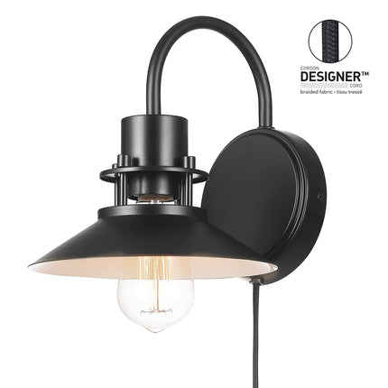 Globe Electric Wren 1-Light Plug-in or Hardwire Wall Sconce, Matte Black, 6ft Black Braided Fabric Designer Cord, in-Line On/Off Rocker Switch