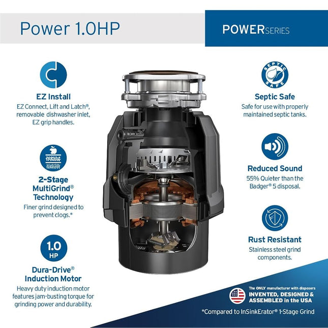 InSinkErator Power 1HP, 1 HP Garbage Disposal, Power Series EZ Connect Continuous Feed Food Waste Disposer, Black