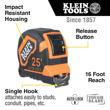 Klein Tools 9125AL Tape Measure, Heavy-Duty Measuring Tape, 25-Foot Single-Hook Nylon Reinforced Blade, Auto-Lock