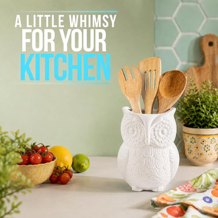 Owl Utensil Holder by Comfify - Decorative Ceramic Cookware Crock & Organiser, in Lovely White Colour - Utensil Caddy and Perfect Kitchen Ceramic Decor Gift - 5" x 7" x 4" Size