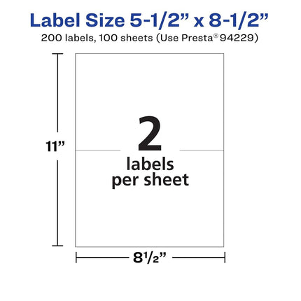 Avery Matte White Removable Rectangle Labels, 5.5" x 8.5", 200 Removable Labels, Laser/Inkjet Printable Labels