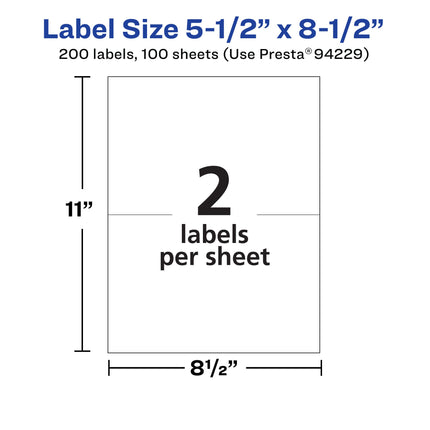 Avery Matte White Removable Rectangle Labels, 5.5" x 8.5", 200 Removable Labels, Laser/Inkjet Printable Labels